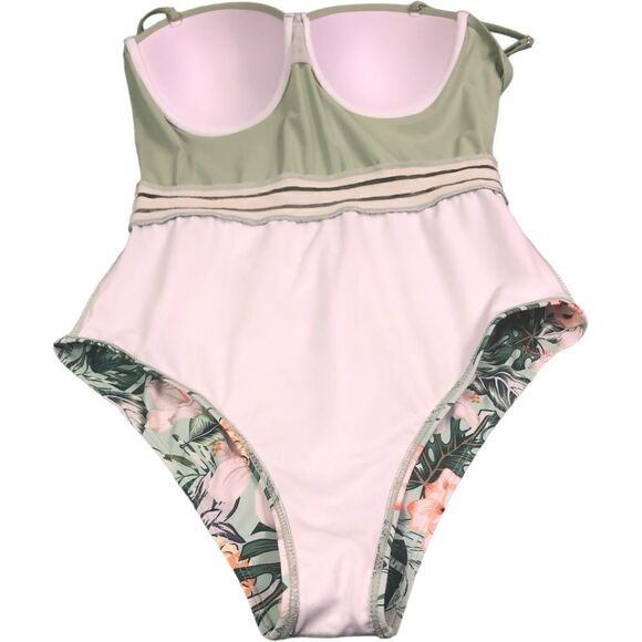 Tropical & Pineapple Print Green Peach One Piece Swimsuit - Picture 9 of 15